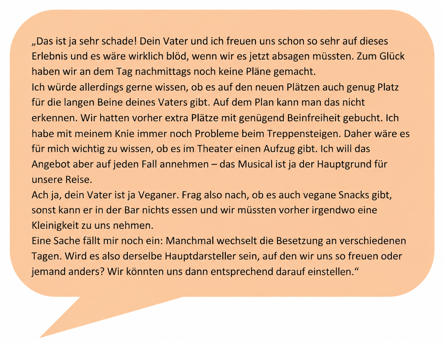 Text in einer Sprechblase mit Fragen zu einem Musicalbesuch und besonderen Bedürfnissen.